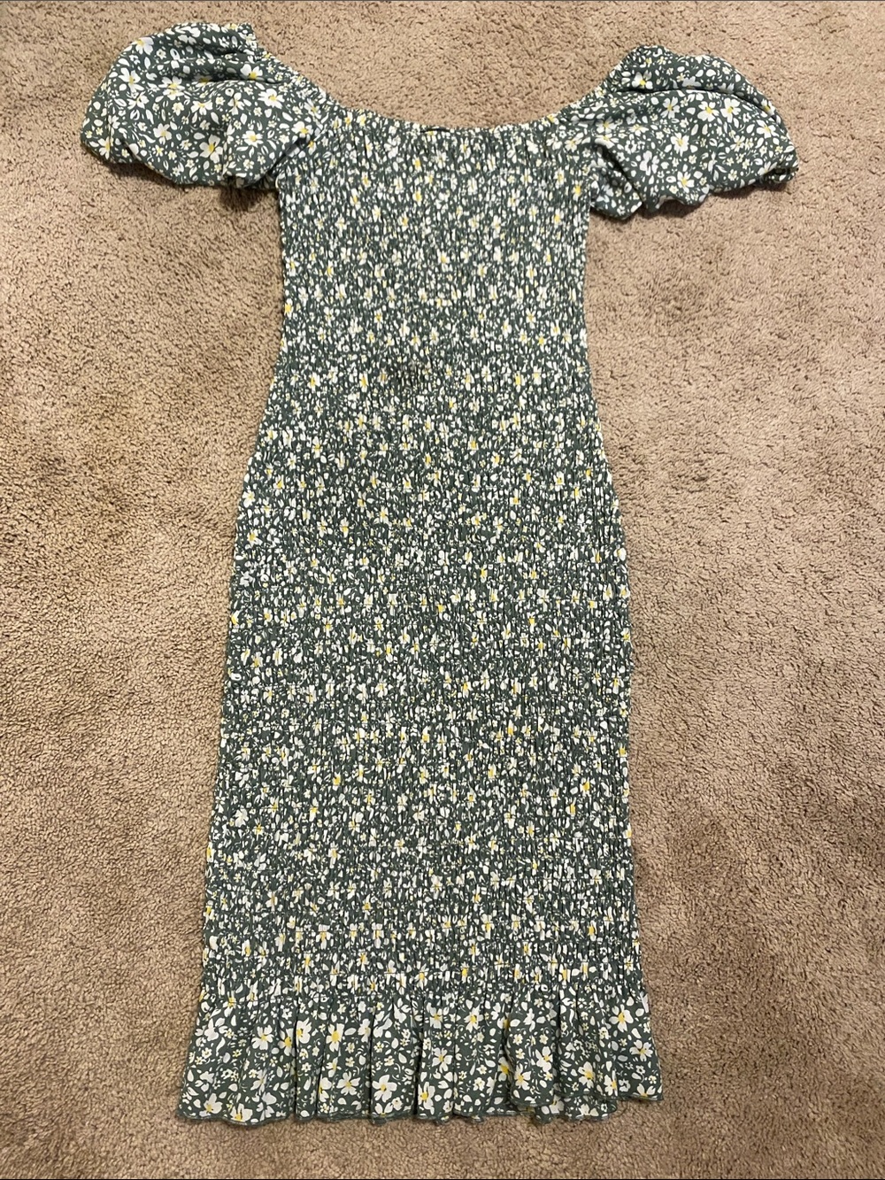 Smocked Floral Off-Shoulder Midi Dress in Green